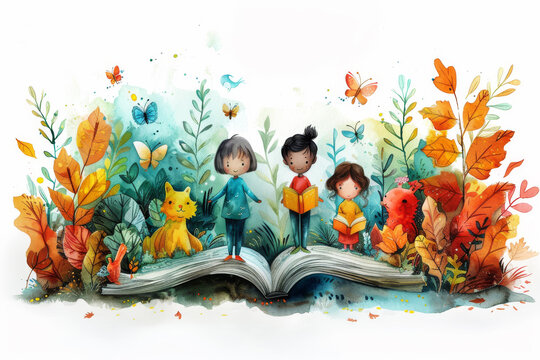 Enchanted Storybook Forest with Children and Animals Illustration