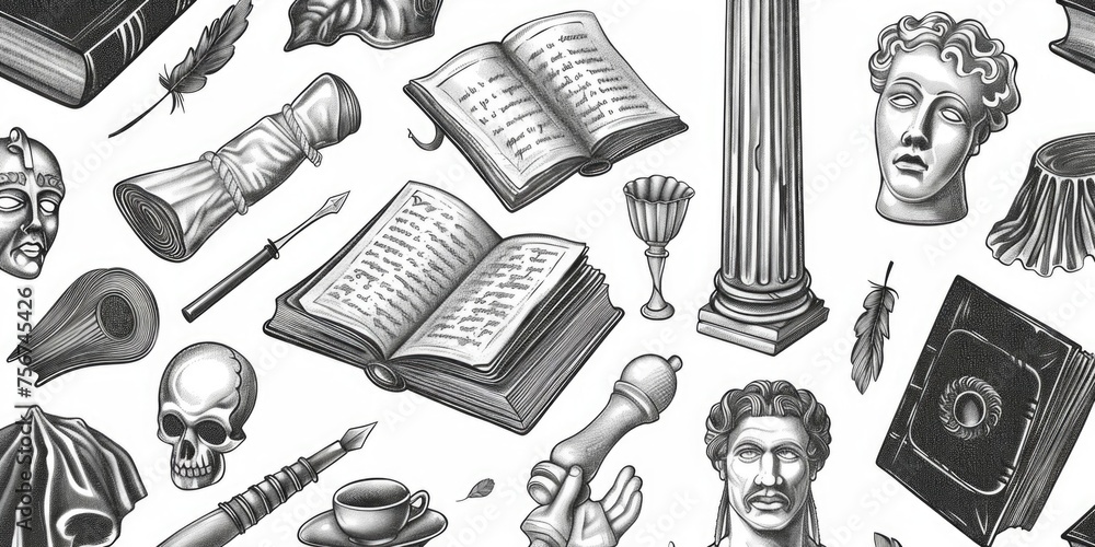 Poster A collection of different items displayed on a table. Suitable for various concepts and designs