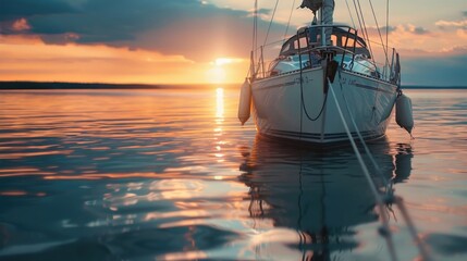 A peaceful sailboat floating on the water at sunset. Perfect for travel and nature concepts - obrazy, fototapety, plakaty