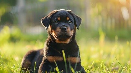 Rottweiler puppy in nature. dog on the grass. pet in park 