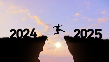 New year vector concept. Businessman jumping gap on the cliff from number 2024 to number 2025. Welcome 2025. 2025 falls into the abyss. Vector people entered the year 2025, creative idea.