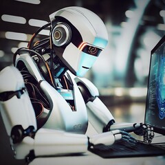 Fototapeta premium Robot Android Computer Laptop Office artificial intelligence. A robot sits at a futuristic desk with a computer, blue lighting, and a laptop. Working on the keyboard