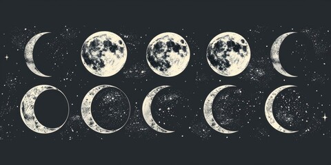 Moon phases on dark backdrop, ideal for educational purposes - obrazy, fototapety, plakaty