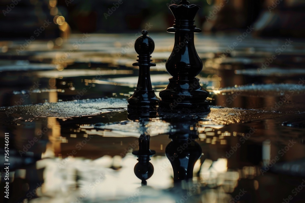 Poster Chess pieces floating on water surface, suitable for strategy and competition concepts