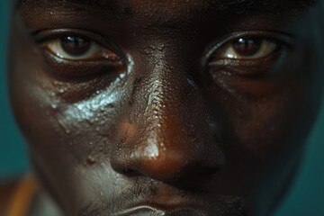 A detailed view of a person's face with dark skin. Suitable for diversity and beauty concepts