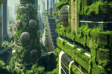Eco-friendly tower with spherical green pods, a futuristic approach to high-density urban living and green architecture.