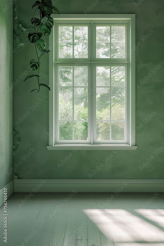 Poster a room with a window and a plant. suitable for interior design concepts