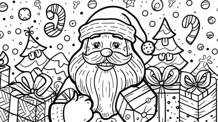 Santa Claus with gifts and candy cane outline line art doodle cartoon illustration. Winter Christmas theme coloring book page activity for kids and adults. 