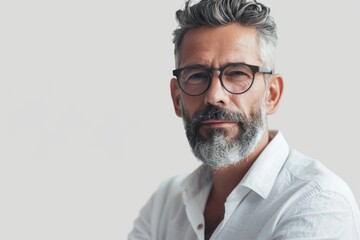 Obraz premium A man with a beard and glasses posing for a picture. Suitable for business or casual concepts