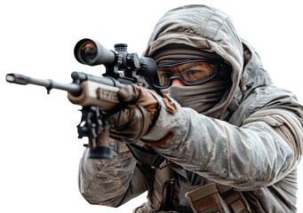 Camouflaged soldier aiming with precision and focus, cut out - stock png.
