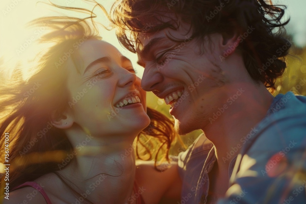 Poster A man and a woman smiling at each other. Suitable for relationship and happiness concepts