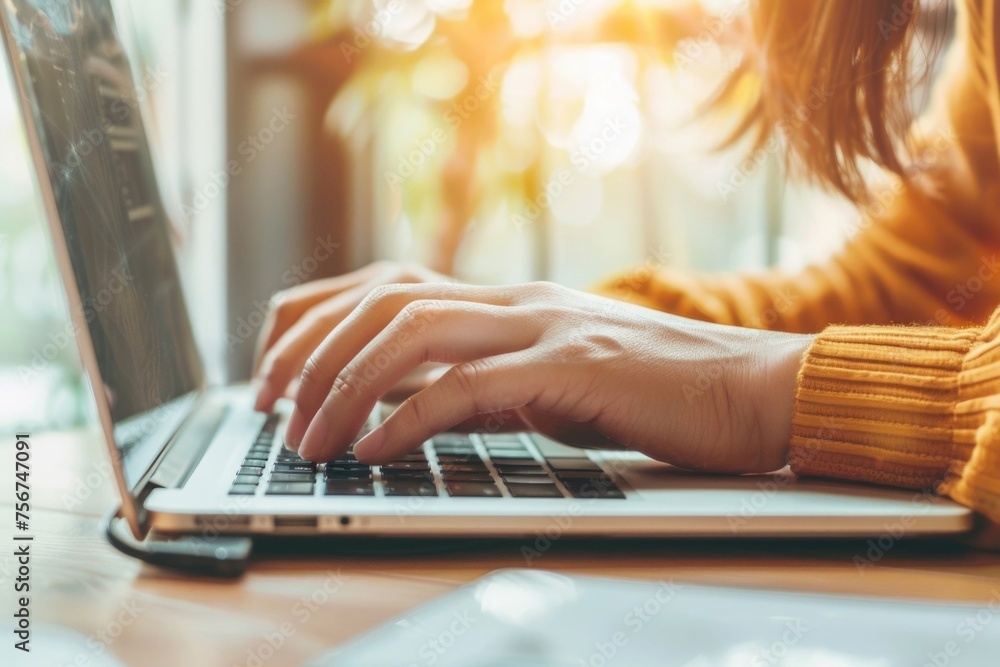 Poster A woman using a laptop computer. Suitable for technology and remote work concepts