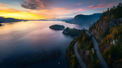 Sea to Sky Hwy in Howe Sound near Horseshoe Bay, West Vancouver, British Columbia, Canada. Aerial panoramic view during a colorful sunset in Fall Season. - obrazy, fototapety, plakaty
