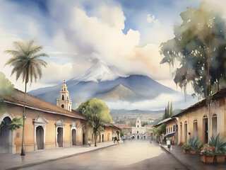 Watercolor Dreams: Capturing Antigua Guatemala's Volcano - obrazy, fototapety, plakaty