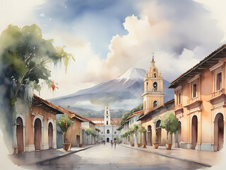 Impressionist Art: Watercolor of Guatemala's Ancient Volcano - obrazy, fototapety, plakaty