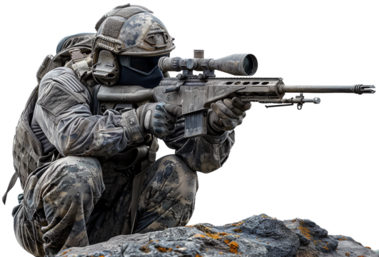 Camouflaged soldier aiming with precision and focus, cut out - stock png. - Powered by Adobe