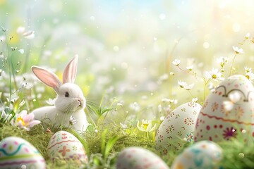 Illustration of little bunny with decorated easter eggs on green grass with sunlights