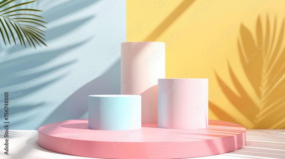 Poster Three vases displayed on a colorful table. Suitable for home decor concepts