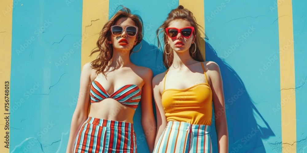 Poster Two women standing next to each other in front of a wall. Suitable for various concepts and designs