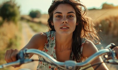 A young woman in summer clothes on a bike, close up view