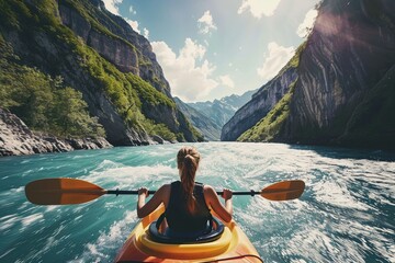 A girl in a kayak sailing on a mountain river. whitewater kayaking, down a white water rapid river in the mountains. - obrazy, fototapety, plakaty