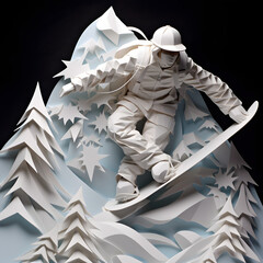 Paperstyle origami snowboarder, paperstyle snowboard, snowboarding in the mountains paperstyle