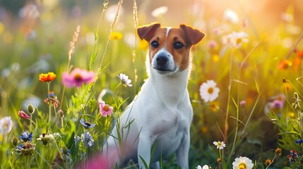 Wire fox terrier dog sitting in meadow field surrounded by vibrant wildflowers and grass on sunny day