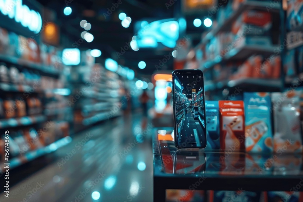 Poster a cell phone resting on a table in a store. perfect for technology or retail concepts