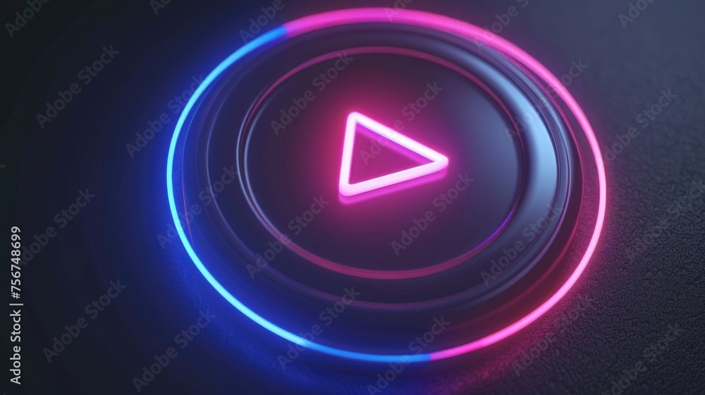 Poster play button in pink and blue colors on a black background. suitable for multimedia and technology co