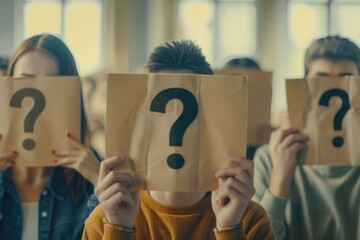A diverse group of individuals holding up paper signs with question marks, suitable for concepts of confusion and uncertainty - obrazy, fototapety, plakaty