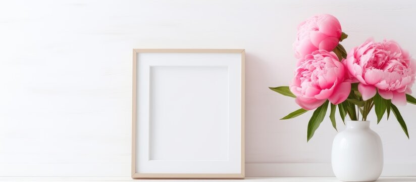 A bouquet of pink flowers displayed in a flower arranging vase alongside a picture frame on a wooden table, creating a lovely and inviting atmosphere