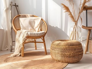 Snuggle chair and wicker ottoman. Scandinavian, boho home interior design of modern living room