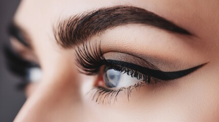 Naklejka premium Female eyes with extremely long eyelashes and black liner makeup, Perfect shape make-up and long eyelash extensions, Cosmetics make-up of fashion eyes visage