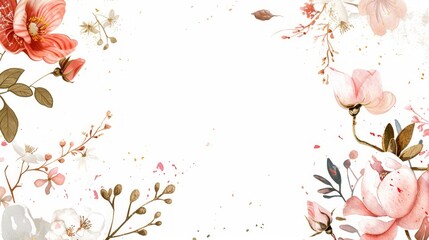 Watercolor Florals Border on White Background Generative AI