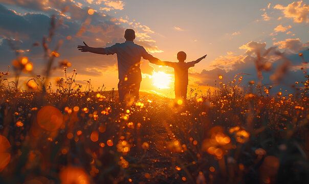 Silhouettes of father and child with arms raised at sunset in field. Outdoor photography with family, freedom, and happiness concept. Design for motivational poster, family activity flyer