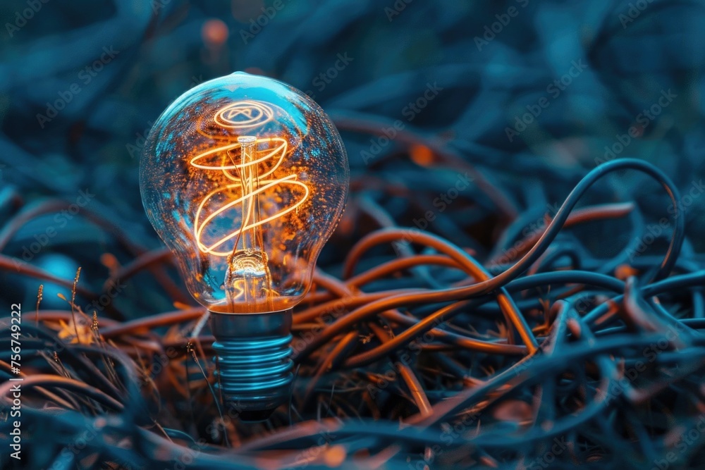 Poster a light bulb sitting on top of a pile of wires. suitable for technology concepts