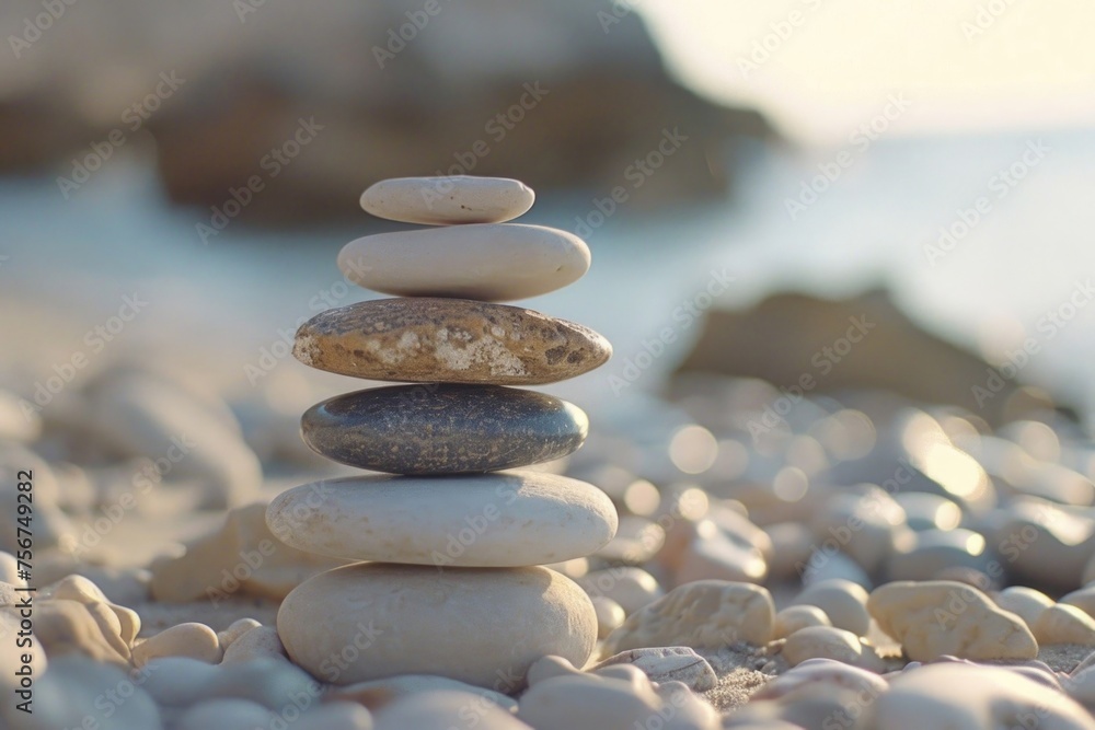 Poster a stack of rocks on a sandy beach. suitable for travel websites