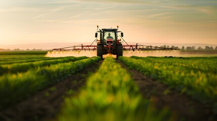 Spraying pesticide with tractor on agriculture field.