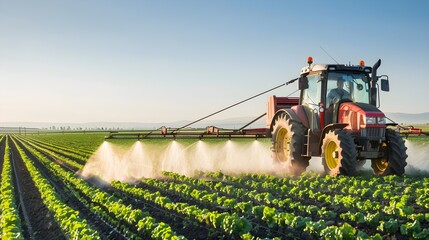 Spraying pesticide with tractor on agriculture field.