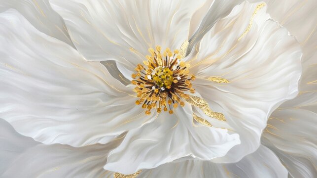 Gold-Centered Oil Painting of a White Flower on White Background Generative AI