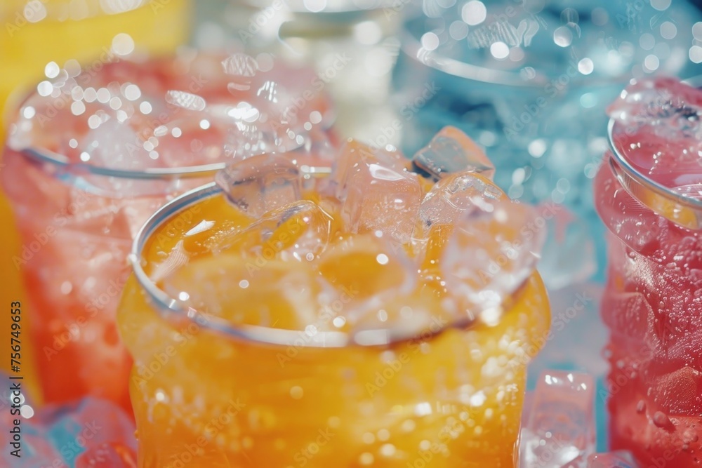 Aufkleber A close up view of a glass of water with ice cubes. Suitable for various beverage and refreshment concepts