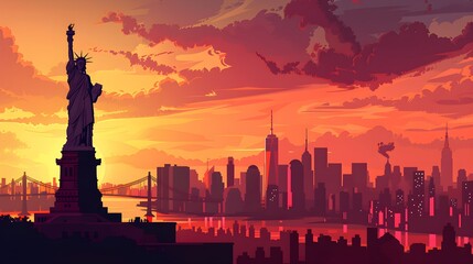 Statue Liberty and New York city skyline at sunset  - obrazy, fototapety, plakaty
