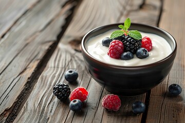 Bowl with fresh mixed berries and yogurt on wooden table