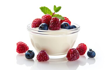 Bowl with fresh mixed berries and yogurt on white background