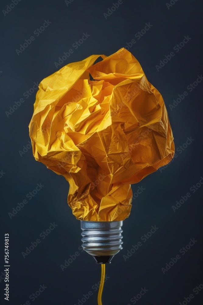 Poster image of a crumpled yellow paper on a light bulb. great for illustrating creativity and brainstormin