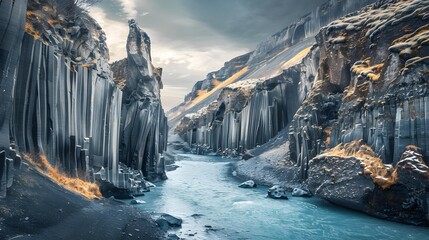 Studlagil basalt canyon, Jokulsa a Dal River. Iceland, Europe. One of the most wonderfull hidden place and nature sightseeing. Famous tourist landscape with basalt rock formations. - obrazy, fototapety, plakaty