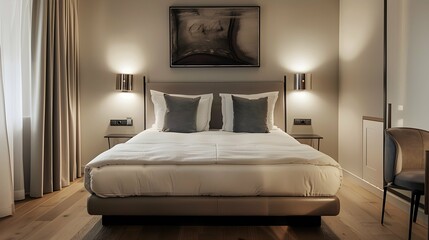 Stylish boutique hotel bedroom, king - sized bed with luxury linen, soft ambient light, minimalistic decor, contemporary artwork, wooden floors, architectural details