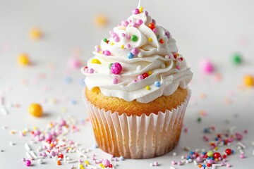 Tasty cupcake with butter cream and sprinkles on white background - obrazy, fototapety, plakaty