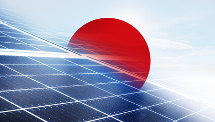 Solar panels with Japanese flag. Sustainable energy politics and market system in Japan.