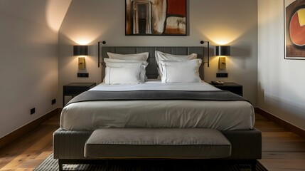 Stylish boutique hotel bedroom, king - sized bed with luxury linen, soft ambient light, minimalistic decor, contemporary artwork, wooden floors, architectural details